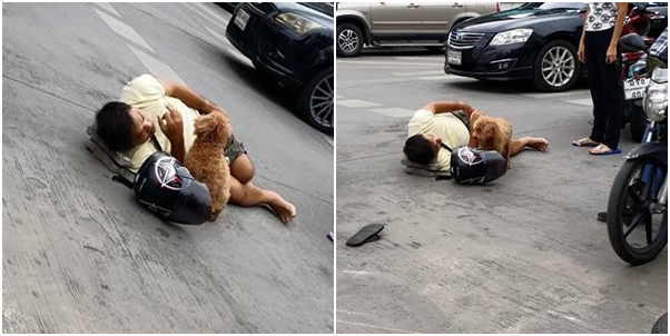 หมาแสนรู้ เฝ้าเจ้านายไม่ห่างหลังเกิดอุบัติเหตุขาหัก นั่งรอจนกว่ารถโรงพยาบาลมารับ