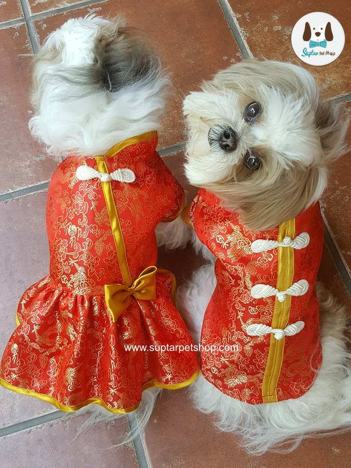 ชุดจีน ชุดกี่เพ้าน้องหมา เนื้อผ้าดี มีให้เลือกหลายแบบหลายสี ให้สุนัขพันธ์เล็กใหญ่