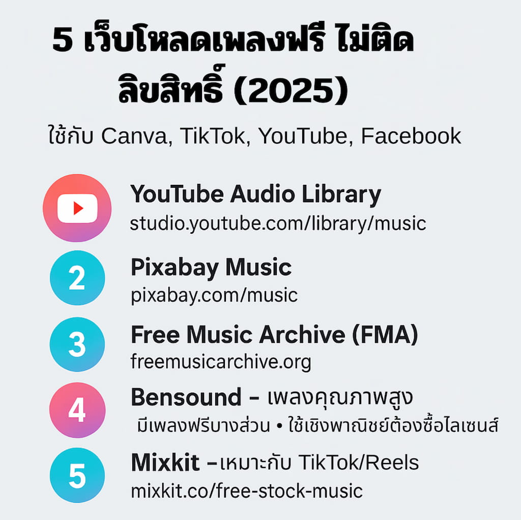 5 เว็บโหลดเพลงฟรี ไม่ติดลิขสิทธิ์ ใช้ทำวิดีโอ Canva, TikTok, YouTube, Facebook (อัปเดต 2025)