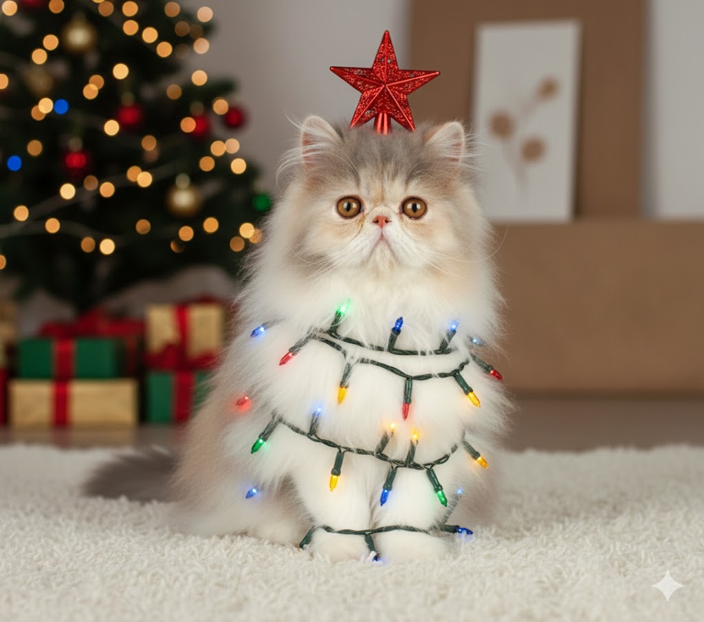 ฟรี! Prompt AI หมาแมวคริสต์มาส 2025 : ทำภาพสัตว์เลี้ยงใส่ชุดไฟ/ต้นคริสต์มาส คมชัด 8K
