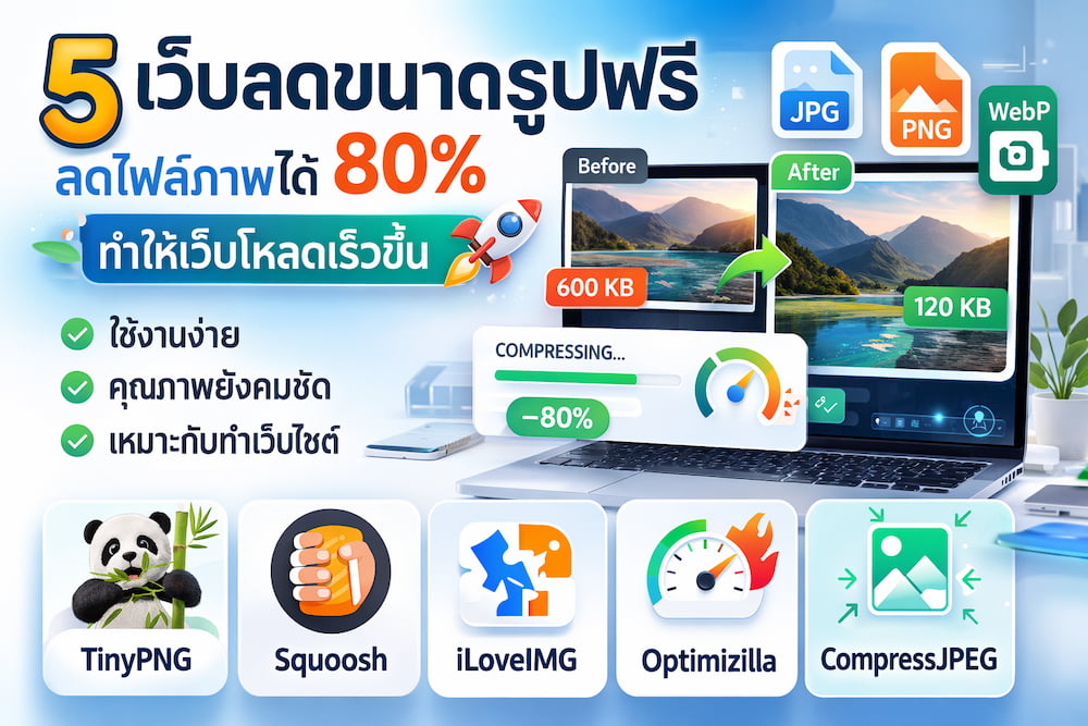 5 เว็บลดขนาดรูปฟรี ลดไฟล์ภาพได้ 80% ทำให้เว็บโหลดเร็วขึ้น (TinyPNG, Squoosh, iLoveIMG)
