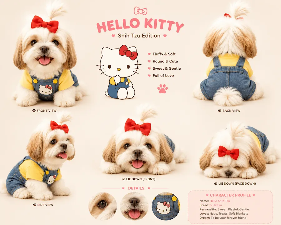 Prompt ทำรูปหมาแมวสไตล์ Hello Kitty และ Sanrio แบบ Character Sheet ไวรัลมากใน Facebook
