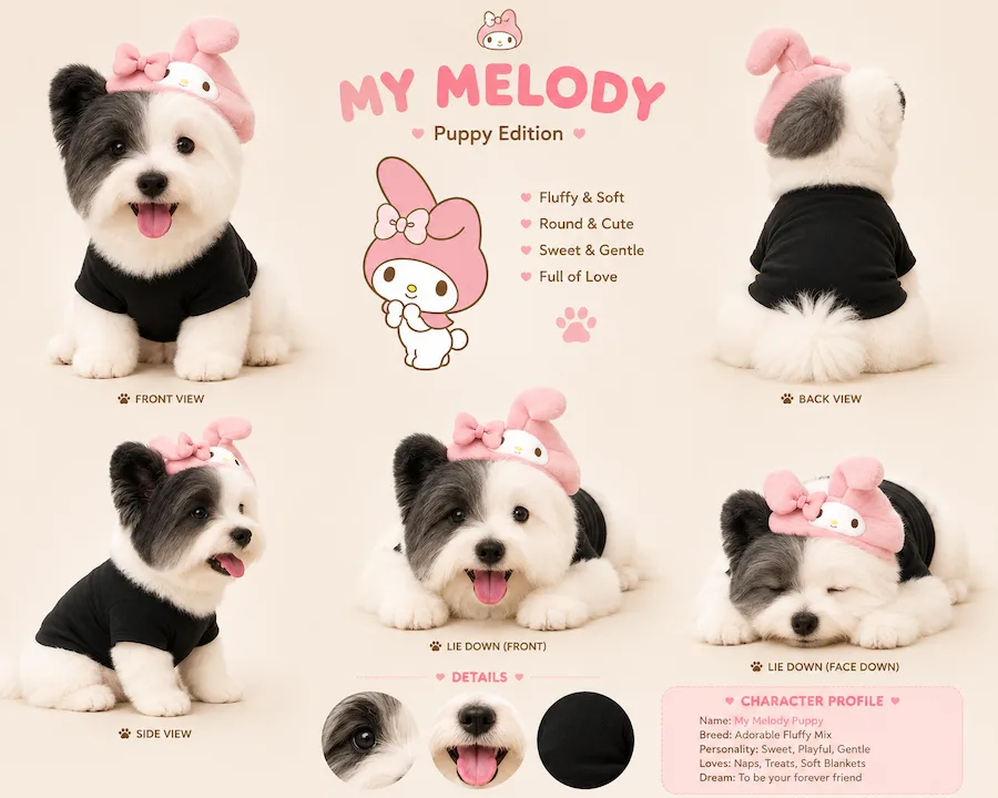 Prompt ทำรูปหมาแมวสไตล์ Hello Kitty และ Sanrio แบบ Character Sheet ไวรัลมากใน Facebook
