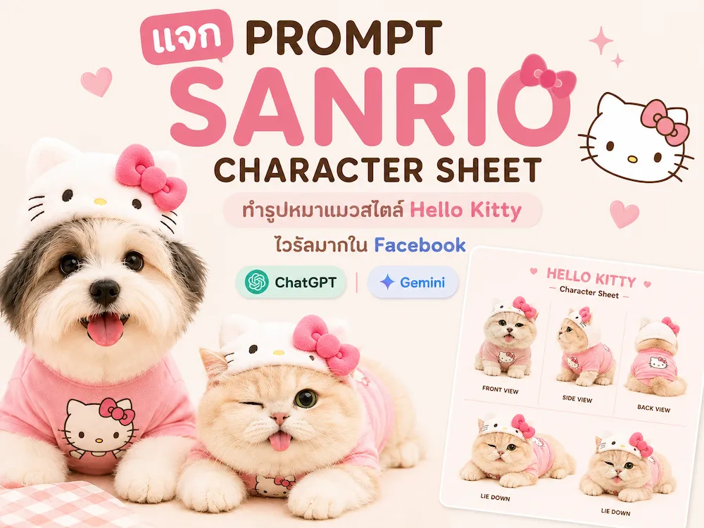 Prompt ทำรูปหมาแมวสไตล์ Hello Kitty และ Sanrio แบบ Character Sheet ไวรัลมากใน Facebook