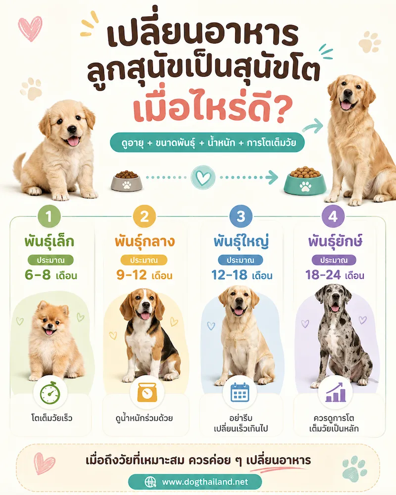 เปลี่ยนอาหารลูกสุนัขเป็นสุนัขโตเมื่อไหร่ดี พันธุ์เล็ก พันธุ์กลาง พันธุ์ใหญ่ ต่างกันไหม