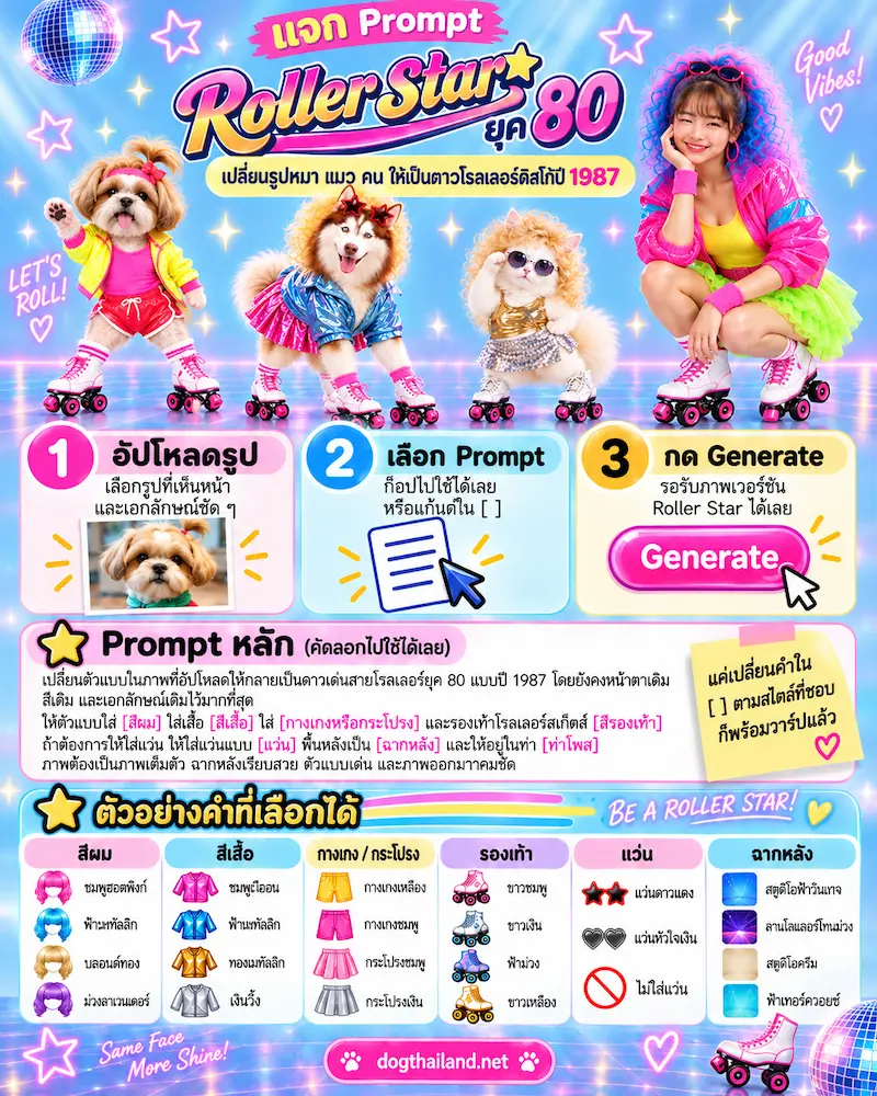แจก Prompt ทำภาพ Roller Star ยุค 80 เปลี่ยนรูปหมา แมว คน ให้เป็นดาวโรลเลอร์ดิสโก้ปี 1987