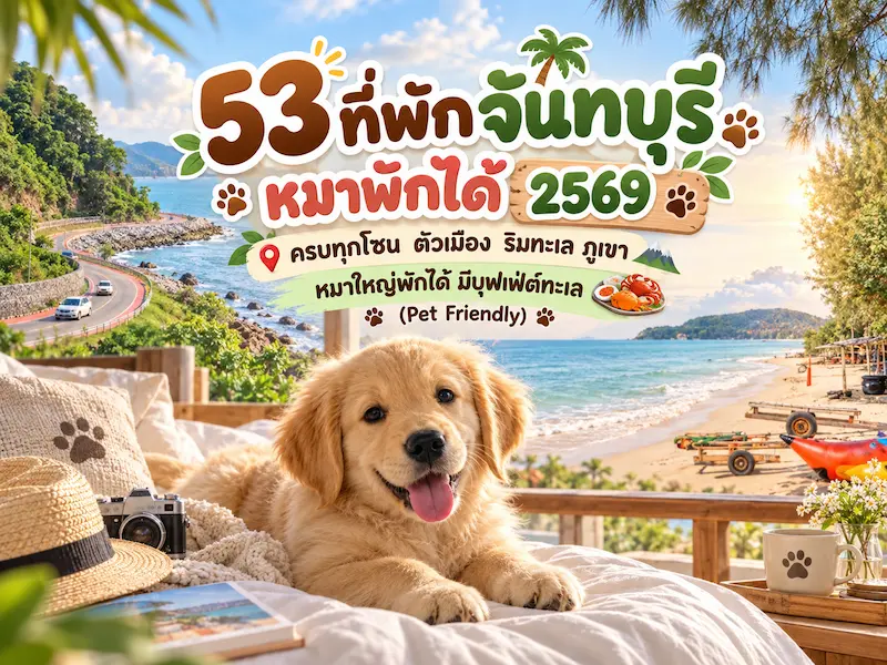 53 ที่พักจันทบุรี หมาพักได้ 2569 ครบทุกโซน ตัวเมือง ริมทะเล ภูเขา หมาใหญ่พักได้ มีบุฟเฟ่ต์ทะเล