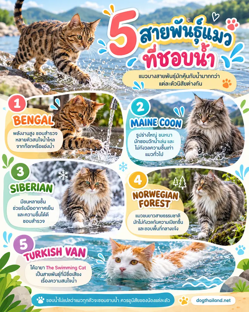 แมวไม่ชอบน้ำจริงไหม? 5 สายพันธุ์แมวที่ชอบเล่นน้ำ พร้อมเหตุผลที่แมวส่วนใหญ่กลัวน้ำ